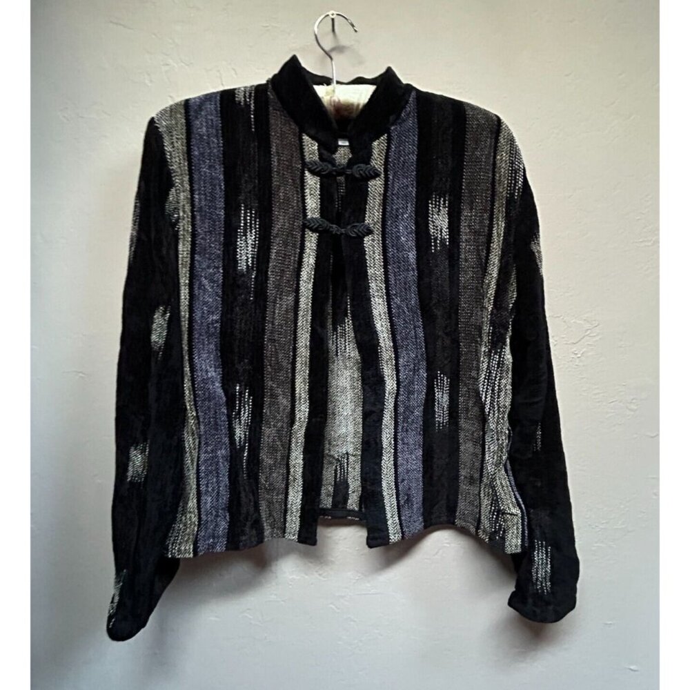 Vintage Rutabaga Medium Mandarin Collar Striped Knit Chinese Style Cardigan